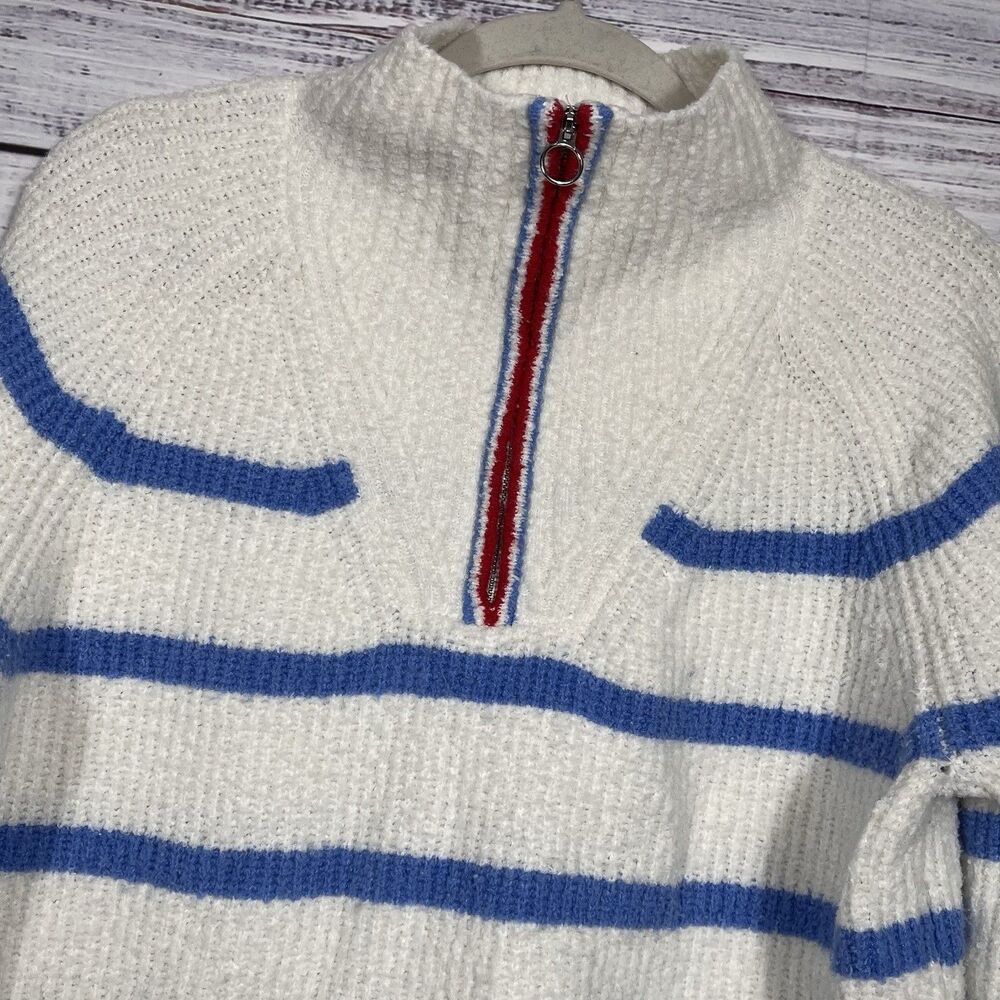 Talbots Sweater 1/4 Zip Mock neck Stripe White Blue Patriotic Nautical Preppy Lg
